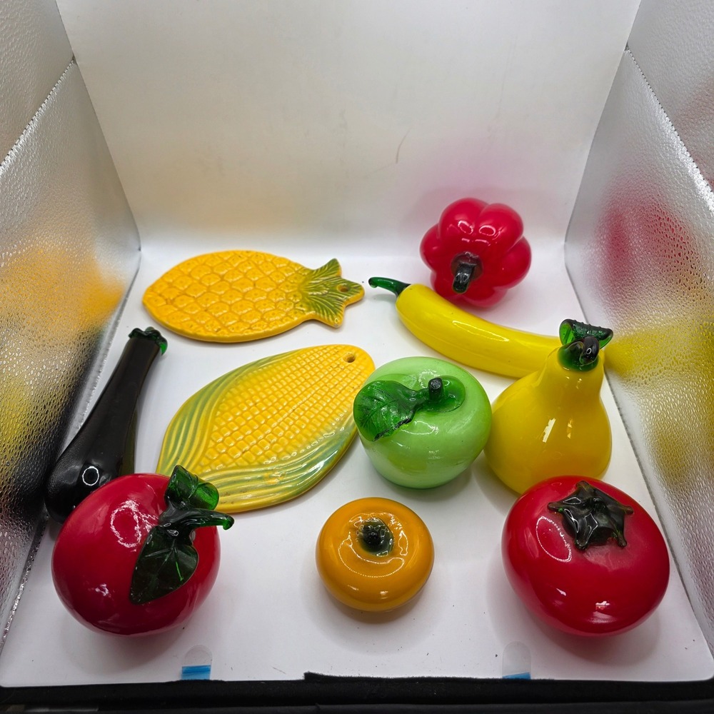 Colorful Art Glass Fruit & Vegetable Decor Lot + Glass Trays & Trivets
